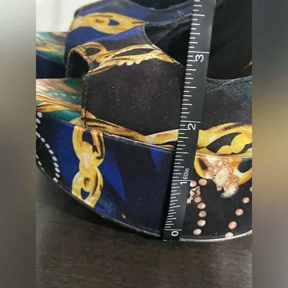 ALDO Platform peep-toe Retro Y2K leopard & gold chain print satin feel size 9 - Picture 11 of 14